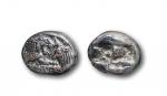 古希腊吕底亚克罗伊斯六分之一标准重银币一枚，重：1.69g，NGC CH XF 公元前561-546年 正面：张开大口怒吼的狮子头对着公牛，背面：戳记。