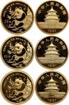 1991年熊猫P版精制纪念金币1/10盎司等3枚 完未流通