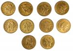 Lot of (10) 1875-S Liberty Head Double Eagles. VF-EF (Uncertified).