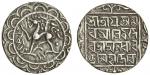 Tripura, Amara Manikya (1577-86), Tanka, 10.73g, Sk.1499, citing Queen Amaravati, lion facing left, 