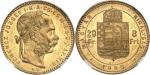 HONGRIEFrançois-Joseph Ier (1848-1916). 20 francs / 8 forint, tête jeune 1880, B, Kremnitz. Av. FERE