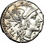 The Roman Republic, C. Curiatius Trigeminus. . AR Denarius, 142 BC. Cr. 223/1. B. 1. 3.88 g.  18 mm.
