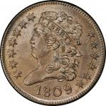 1809/6 Classic Head Half Cent. Cohen-5, Breen-5. Rarity-1. 9 over inverted 9. Mint State-65 BN (PCGS