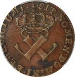 1721-H French Colonies Sou, or 9 Deniers. La Rochelle Mint. Martin 3.5-B.18, W-11830. Rarity-6-. AU-