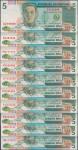 Philippines; 1985-1994, Lot of 10 notes. "Bangko Sentral ng Pilipinas", 5 Piso, Diff prefix solid 1s
