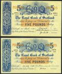 Royal Bank of Scotland, £5 (2), 1 July 1952, prefix G, blue and pale yellow with a red-brown central