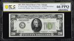Fr. 2054-G. 1934 Light Green Seal $20 Federal Reserve Note. Chicago. PMG Gem Uncirculated 66 PPQ.