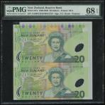 1999年纽西兰储备银行20元连体钞，编号AA99013529及729，PMG 68EPQ