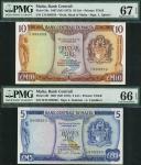 Central Bank of Malta, 5 and 10 liri, ND (1973), prefixes B/18 and C/9, blue and brown respectively,