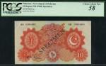 Government of Pakistan, specimen 10 Rupees, ND (1948), serial number 00 000000, orange on green unde