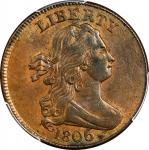 1806 Draped Bust Half Cent. C-4. Rarity-1. Large 6, Stems to Wreath. AU-58 (PCGS). CAC.