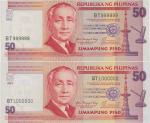 Philippines; 2001-2002, Lot of 2 Lucky number notes. 2001, 50 Piso P.#193a, sn. BT 1000000, & 2002, 