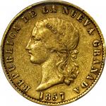 COLOMBIA. 1857 10 Pesos. Bogotá mint. Restrepo 207.6. EF-40 (PCGS).