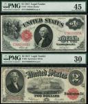 x United States, Legal Tender, $1, $2, 1917, red seals, signature $1, Elliott and Burke, $2, Speelma