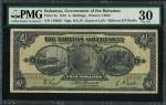 Bahamas Government, 4/-, 1919, serial number 146886, black and green, horse-drawn carts, ship seal, 