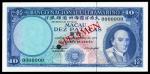 Macau, Banco Nacional Ultramarino, 10patacas, 'specimen', 1977, black serial numbers, blue, turquois