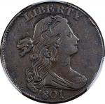 1801 Draped Bust Cent. 1/100 Over 1/000. VF Details--Rim Damage (PCGS).