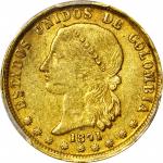 COLOMBIA. 1871 10 Pesos. Medellín mint. Restrepo 333.12. EF-45 (PCGS).