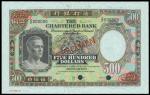 The Chartered Bank, $500, specimen, no date, serial number Z/P 000000, green and multicoloured, bust