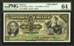 MEXICO. Londres y Mexico. 5 Pesos, 1913. P-S233s1. specimen. PMG Choice Uncirculated 64.