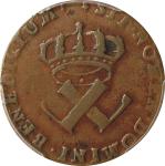 1722/1-H French Colonies Sou, or 9 Deniers. La Rochelle Mint. Martin 2.6-C.2, W-11835. Rarity-3. VF-
