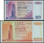 Bank of China,a lot of $50, 1 January 2000 and $1000, 1 July 1997, serial number AU183828 and AY8168