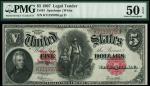 x United States, Legal Tender, $5, 1907, serial number K71199700, black on red, Andrew Jackson at lo
