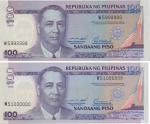 Philippines; 1999-2000, Lot of 2 Lucky number notes. 1999, 100 Piso P.#184e, sn. WS 1000000 &  2000,