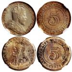 海峡殖民地5分银币2枚一组，包括1910B年及1919年，均评NGC MS64