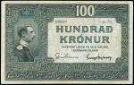 Landsbanki Islands, Iceland, 100 kronur, ND (1929), serial number 046977, dark blue, King Christian 