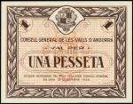 Andorra - Spanish Civil War, 1 Pesseta, 19 December 1936, serial number 14034, brown and orange, coa