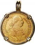 SPAIN, Madrid, gold bust 2 escudos, Charles IV, 1794 MF, mounted bust-side out in 18K gold bezel wit
