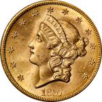 1857-S Liberty Head Double Eagle. Variety-20E. Broken A. Gold S.S. Central America Label. MS-64 (PCG