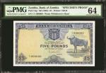 ZAMBIA. Bank of Zambia. 5 Pounds, ND (1964). P-3sp. Specimen. PMG Choice Uncirculated 64.