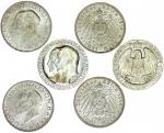1910-14年德国银币3枚一组，面值3马克，巴伐利亚及普鲁士，UNC及带有原光