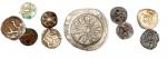 缅甸孟王国早期钱币一组10枚，包括1元，1/20元2枚，1/100元金币，1/100元，1/20元，1/100元3枚，大多背面有庙图案，AF至EF品嵥
