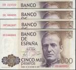 El Banco de Espana, 5000 pesetas (4), 1979, serial numbers 2D 223322, 3M 7002007, 2Q 800008P, 3Y 100