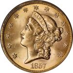 1857-S Liberty Head Double Eagle. SSCA# 4460. Variety-20B. Bold S. Gold S.S. Central America Label. 