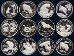 1988（戊辰）至1999（乙卯）年加厚版十二生肖纪念银币全套十二枚，均为精制，面值10元，成色99.9%，重量1盎司，均附证书