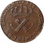 1721-H French Colonies Sou, or 9 Deniers. La Rochelle Mint. Martin 3.11-B.18, W-11830. Rarity-5. AU-