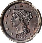 1853 Braided Hair Cent. N-25. Rarity-1. Grellman State-b. MS-64 BN (NGC).
