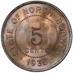 World Coins - Asia & Middle-East. BRITISH NORTH BORNEO: copper-nickel 5 cents, 1938-H, KM-5, PCGS gr