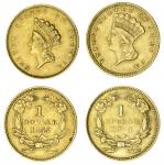 United States of America, gold Dollars (2), type 2, Indian head left, rev. value and date in wreath 