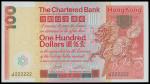 The Chartered Bank, $100, 1980, ascending ladder serial number J222222, red, yellow and multicoloure