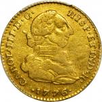 COLOMBIA. 1776-JJ 2 Escudos. Santa Fe de Nuevo Reino (Bogotá) mint. Carlos III (1759-1788). Restrepo