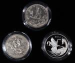 英国纪念币3枚一套，包括1935年5先令银币，1951年5先令镍铜币，及2015年5镑精铸银币，温莎王朝歷代克朗套币，总含银量40.3安士，附原盒及证书 Great Britain, a set of