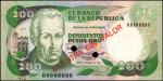 COLOMBIA. El Banco de la Republica. 200 Pesos Oro, 1989. P-429as. Specimen. Uncirculated.