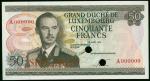 1972年卢森堡50法郎样钞，打孔注销，UNC品相