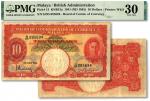 英属马来亚1941年国王乔治六世像10圆，设计精美，纸张硬挺，纹理清晰，色彩浓郁醇厚，原汁原味，七五成新（低评，PMG-30/2212809-009）