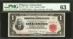 PHILIPPINES. National Bank. 1 Peso, 1921. P-51. PMG Choice Uncirculated 63.